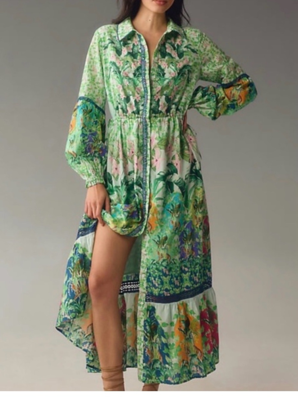Anthropologie Green Floral Maxi Dress